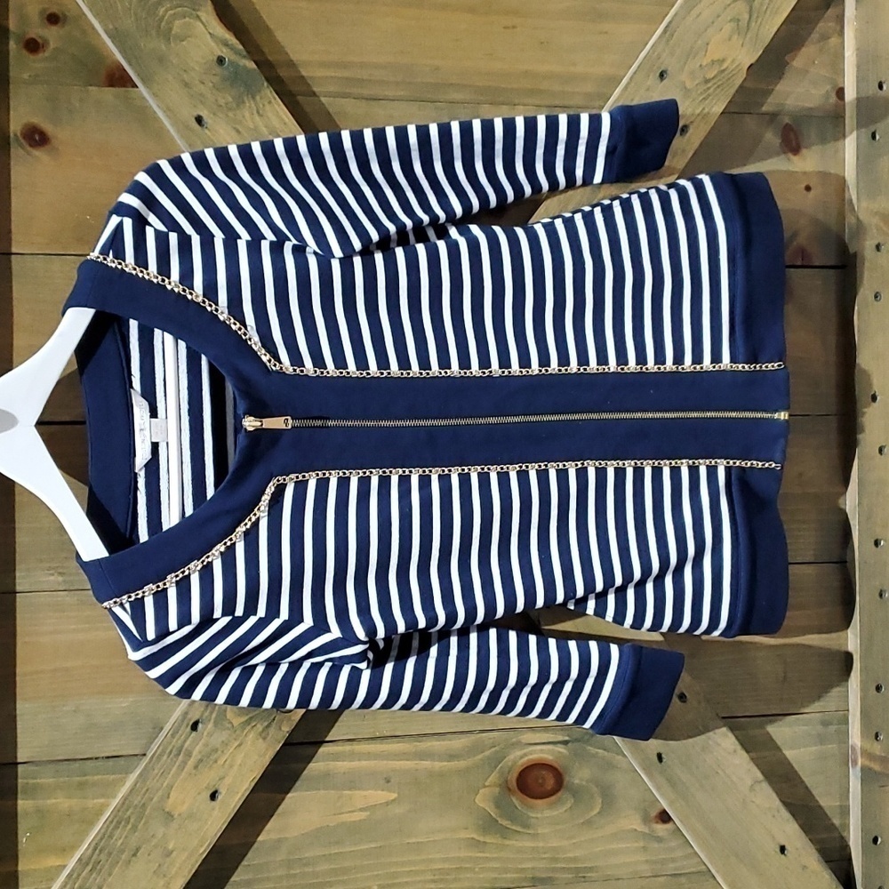 BOSTON PROPER STRIPED ZIP UP CARDIGAN W GOLD CHAIN TRIM NAUTICAL COASTAL SIZE XS